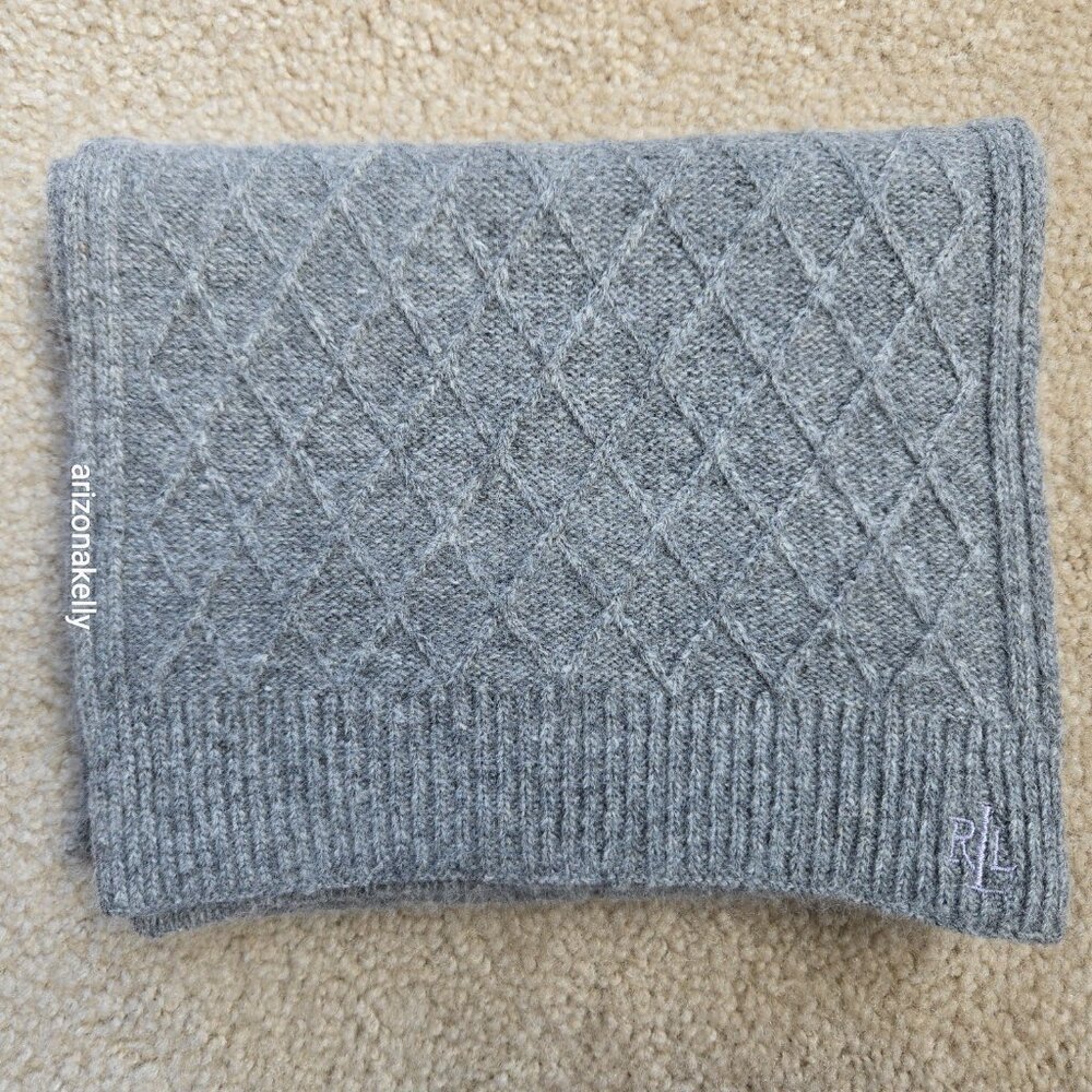 Lauren Ralph Lauren Lambswool Angora Scarf Cable Diamond Poinetlle Grey - Picture 14 of 14